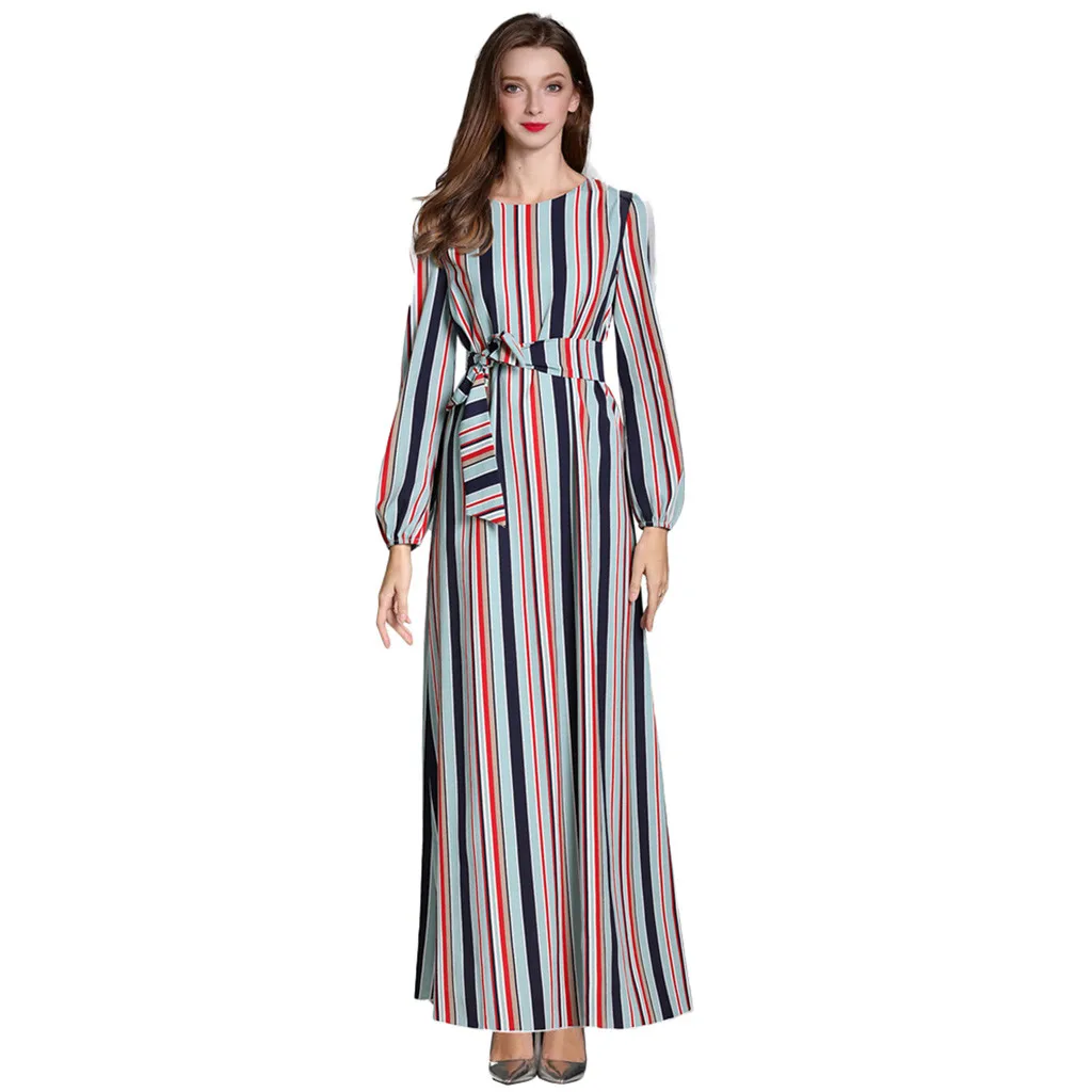 

Fashion Women Muslim Dresses Striped Long Sleeve Maxi Muslim Dress Arab Dubai Islamic Clothing Ladies Plus Size Jilbab Femme