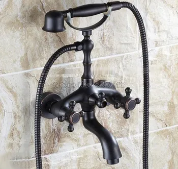 

Bathroom Wall Mounted Black Oil Rubbed Bronze Dual Handles Bathtub Mixer Tap and Telephone Style Handheld Shower Faucet Wtf701