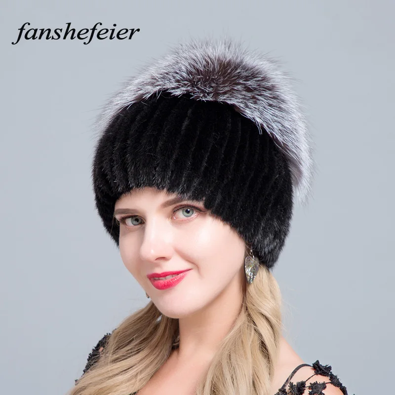 Fanshefeier Лидер продаж женские вязаные шапки норковые шапки модные зимние теплые вертикальные переплетения с лисьим мехом на верхней части - Цвет: colour01