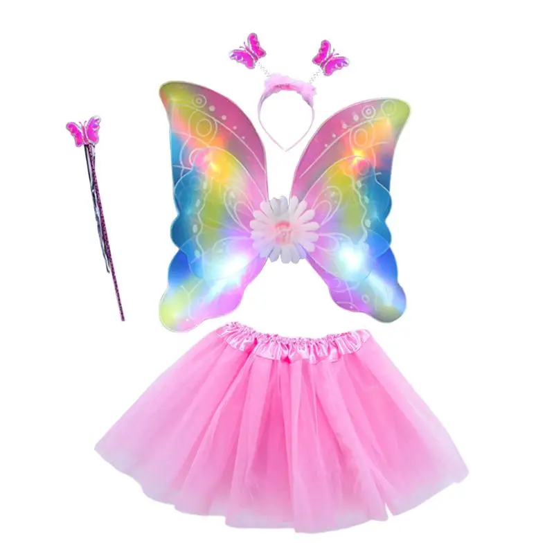Светодиодный костюм феи для девочек из 4 предметов; фатиновая юбка-пачка; двухслойная повязка на голову с крыльями бабочки; платье принцессы для сцены - Цвет: Pink