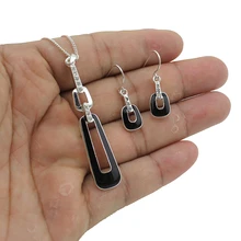 2017 Newest Fashion Women s Jewelry Silver Tone Black Glaze Dangle Earring Pendant Necklace For Friendship