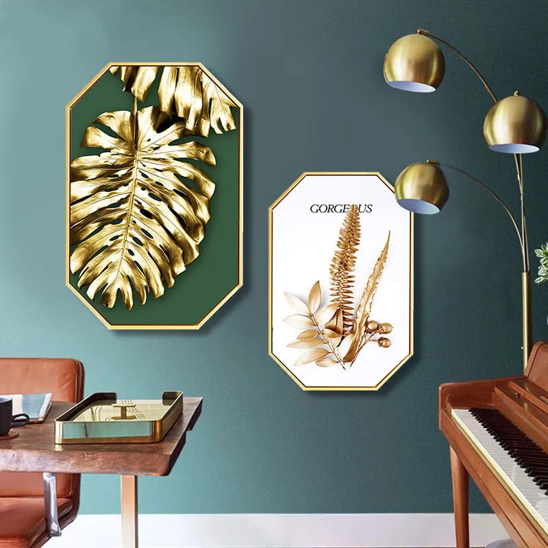 

Modern simplicity INS Home decoration customize Hotel restaurant mural Creative Light luxury home art golden plant paintings
