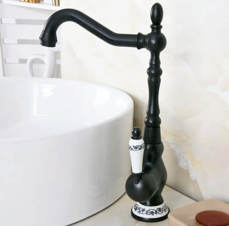 Black Oil Rubbed Bronze Ceramic Base Kitchen Wet Bar Bathroom Vessel Sink Faucet Single Hole Swivel Spout Mixer Tap anf656