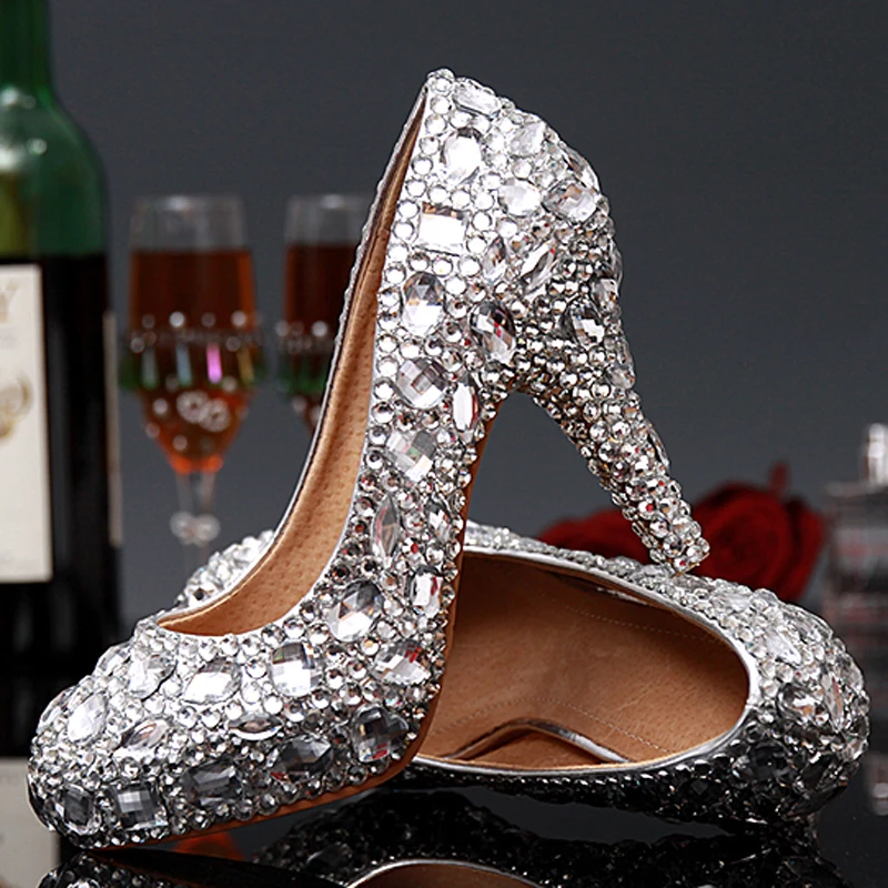 Роскошные Кристаллы Серебра Стразами свадебная свадебные туфли на высоком каблуке Дамские ботинки со стразами Свадебные Популярные Туфли для выпускного вечера