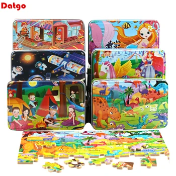 New 60 Pieces Wooden Puzzle Educational Toys for Children Cartoon Animal Wood Puzzles Kids Baby Christmas Gift with Iron Box 1