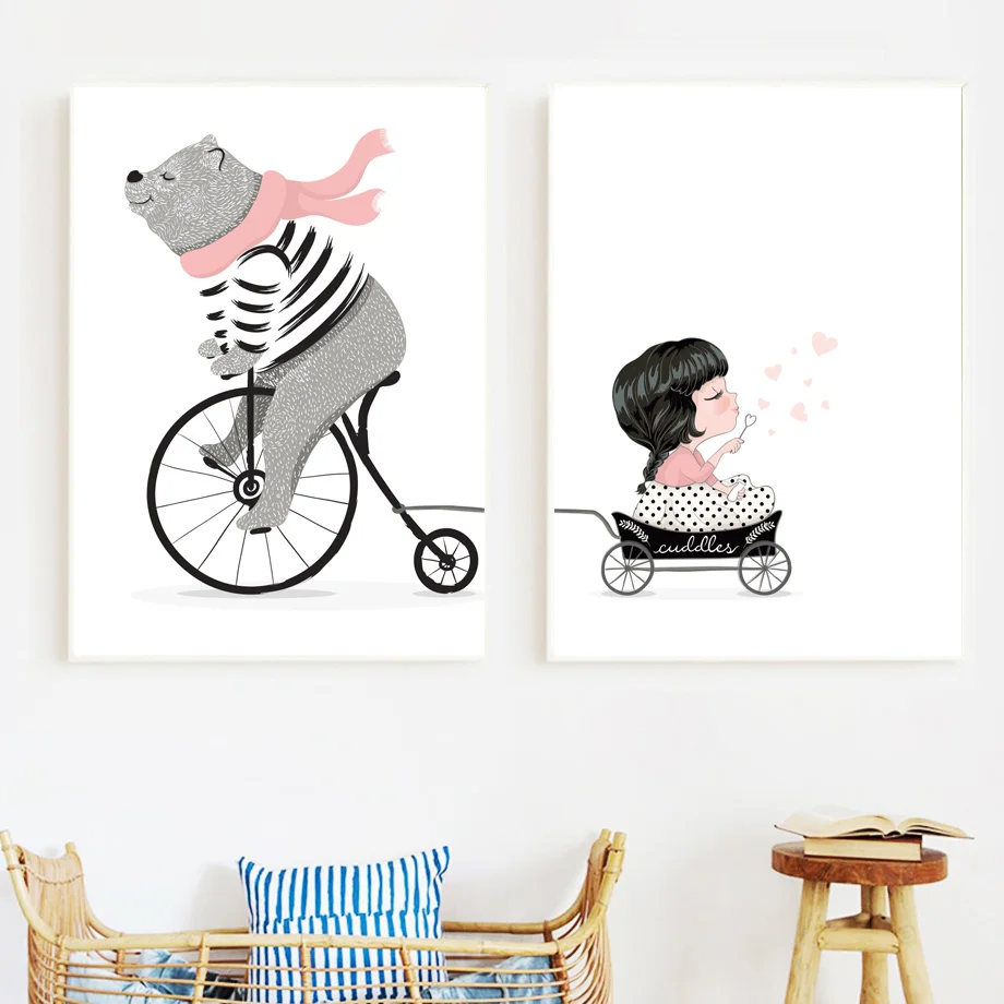 

Cartoon Bear Bicycle Little Girl Princess Posters And Prints Nursery Wall Art Canvas Painting Wall Pictures Baby kids Room Decor