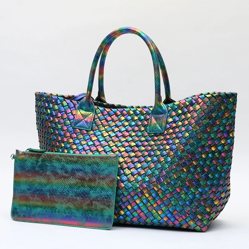 Новое поступление, модные разноцветные плетеные сумки, женские большие сумки, большая сумка для покупок, высокое качество, искусственная кожа, сумки на плечо, кошелек - Цвет: Зеленый