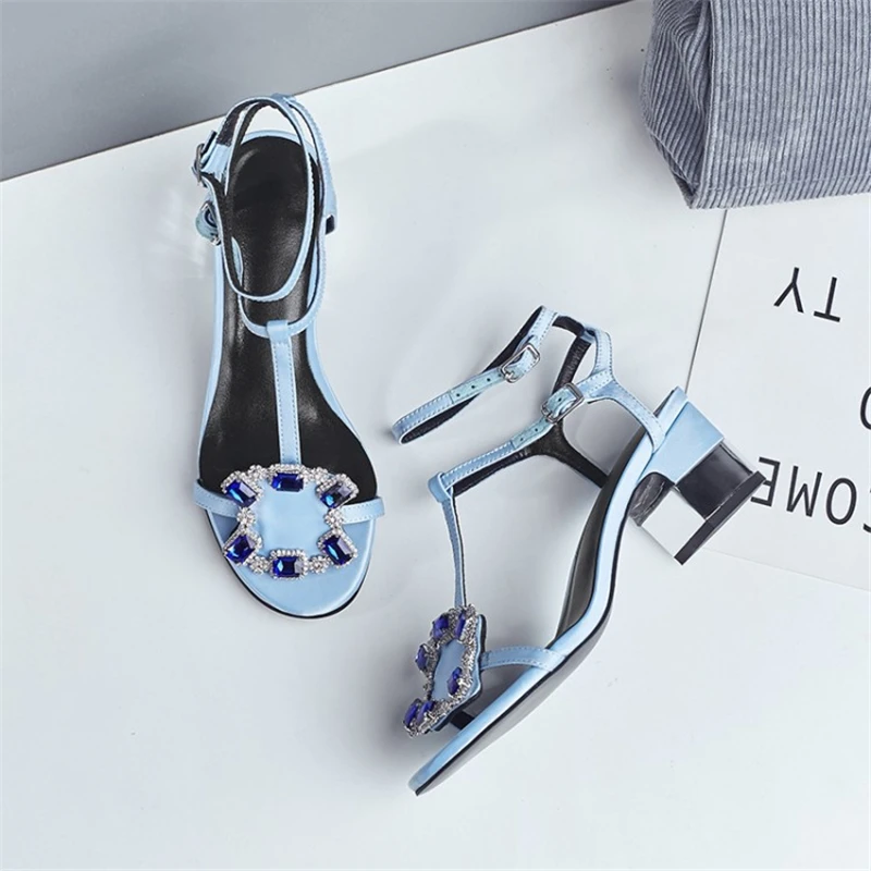 Sandales Sangle pu Hauts De Boucle Soie Haute Apricot Peep Toe Carré Cristal Talons Ouqinvshen Ciel Mode Bleu Talon noir Femmes Noir D'été E8aPnwRvqF