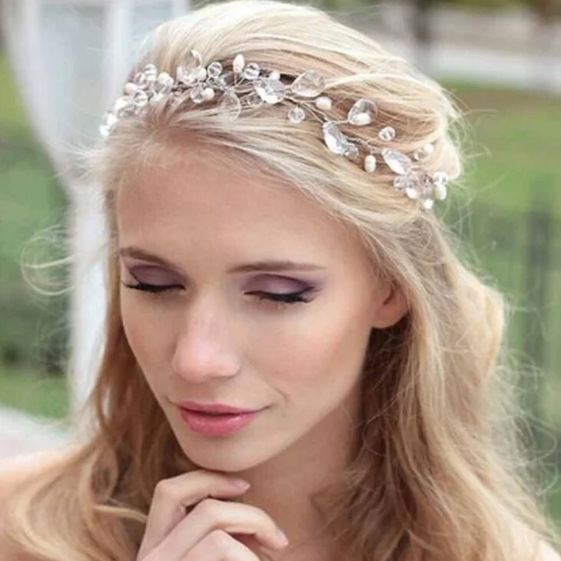 

Headpiece Pearl Flower Braid Headband Rhinestone Handmade Long Bridal Wedding Tiaras Crown Hair Band Accessorie Ornament Jewely