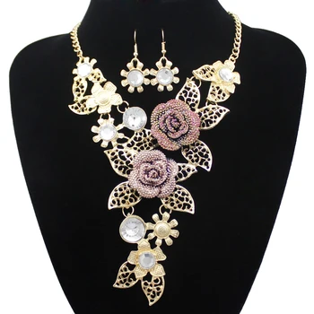 

Gold Jubilee Gatsby Filigree Leaf Flower Stone Bridal Bib Statement Maxi Choker Colar Necklace Piercing Earrings Set Jewelry