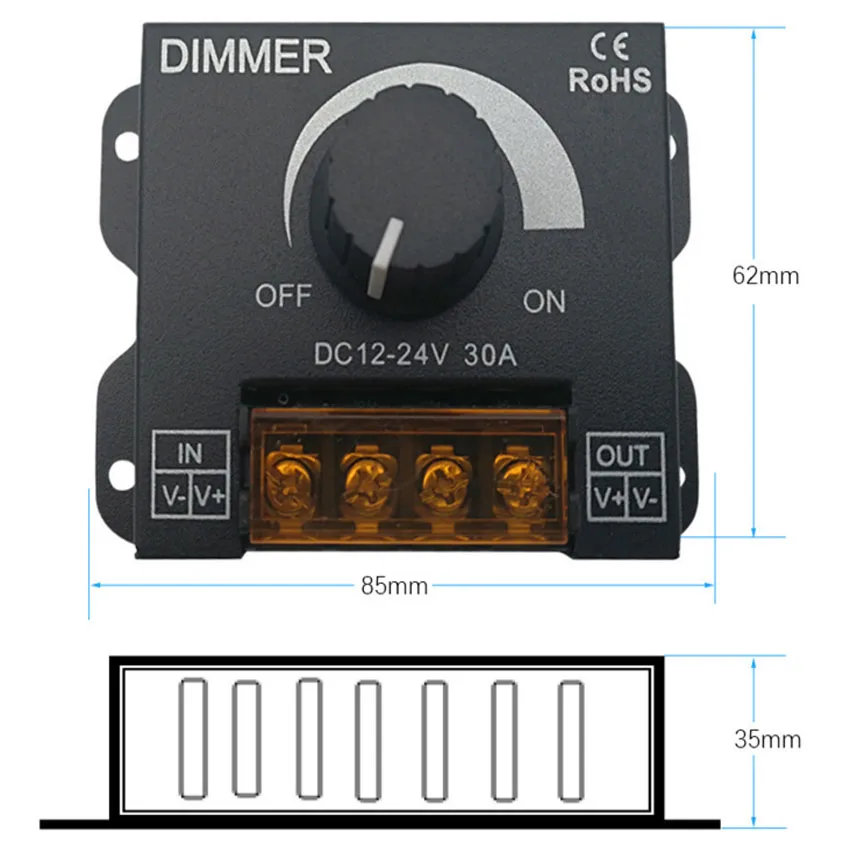 DC12V-24V светодиодный диммер 30A 360 Вт 5050 3528 регулятор яркости лампы полосы света драйвер одноцветный светодиодный разъем контроллера