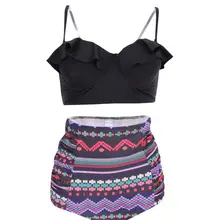 Новинка Для женщин рюшами купальник черный midkini Tankinis Топ высокой талией талии Pin Up Купальники для малышек комплект бикини Графический ацтеков Шорты