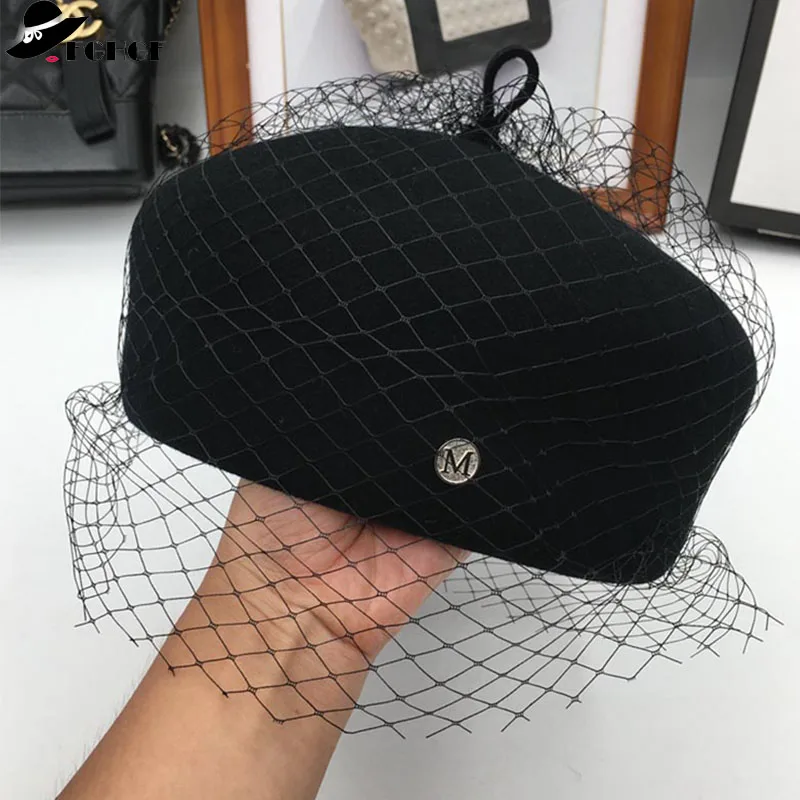 

FGHGF Elegant New Wool Felt Winter Hats Adjustable Veil Netting Fascinator Hat for Women Classical French Beret Wedding Church