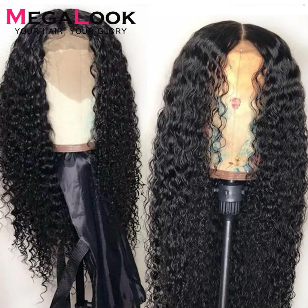 Baratos Pelucas rizadas del cierre de la peluca del pelo humano para las mujeres negras peluca del cierre del cordón de 30 pulgadas peluca Remy Megalook 180% densidad peluca del cierre peruano 4x4