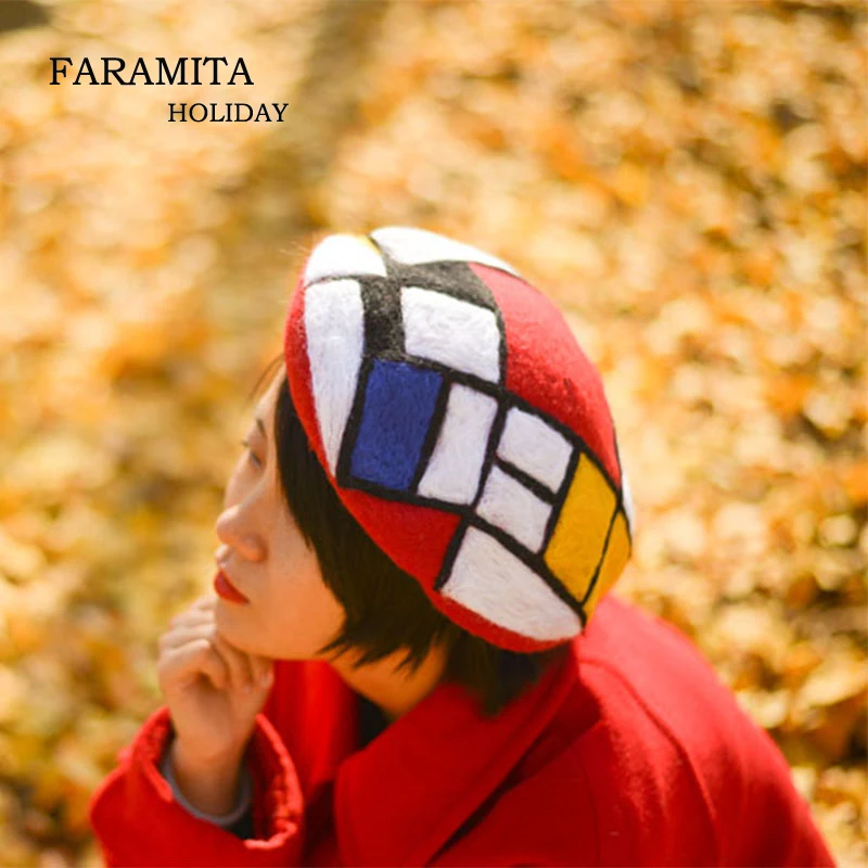 Женский праздничный берет Faramita Mondrian с геометрическим рисунком красочный ручной