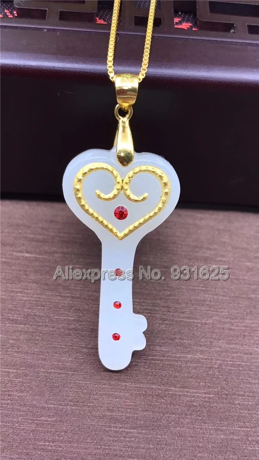 

Natural White HeTian Yu + Full Gold Inlaid Carved Heart Key Style Lucky Pendant Necklace + Certificate Fashion Jewelry