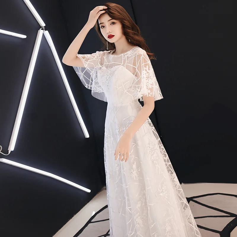 Это YiiYa вечерние платья, элегантное свадебное торжественное платье с вышивкой и круглым вырезом, кружевные белые длинные трапециевидные вечерние платья с короткими рукавами E358