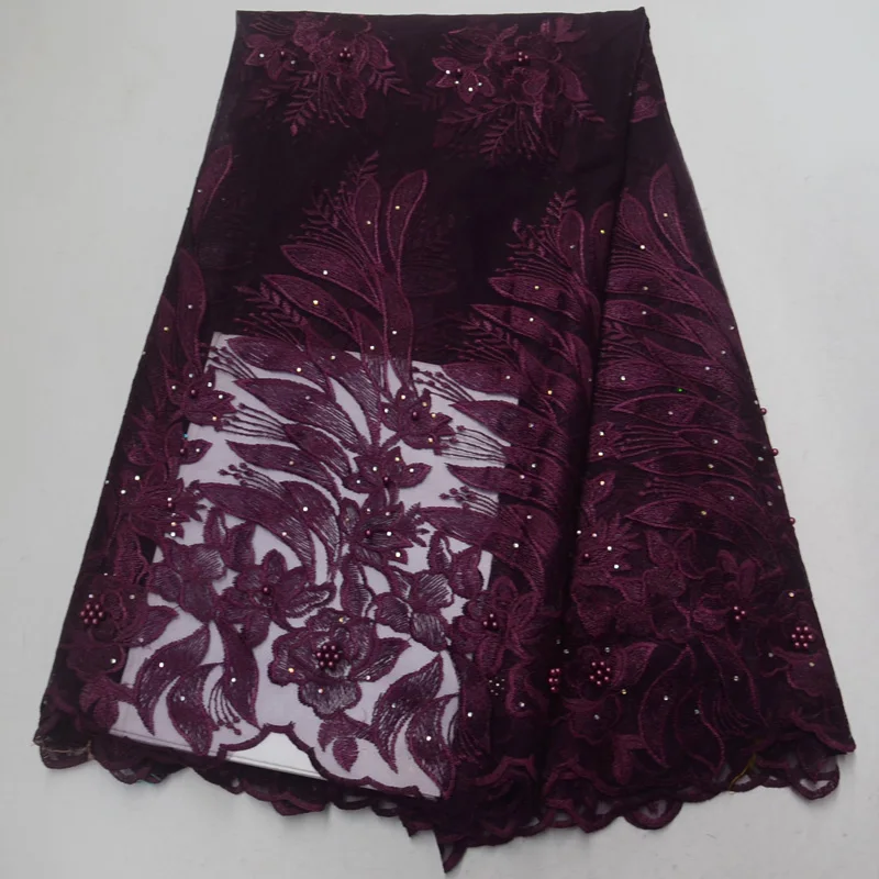 

Free shipping (5yards/pc) eggplant purple African French net lace fabric with beads and embroidery wholesales for party FLP128
