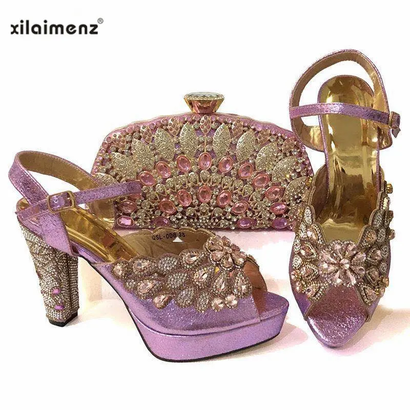 Персиковая модная свадебная обувь и сумка в комплекте; итальянский комплект из женских туфель и сумочки в африканском стиле; вечерние босоножки - Цвет: Violet