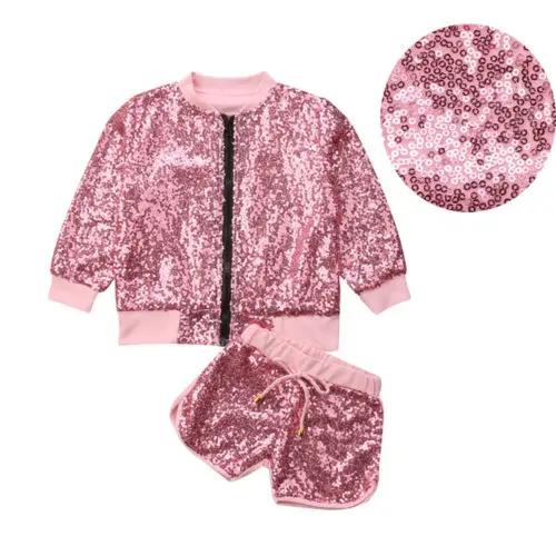 

Kid Girls Sequins Bling Bling Outfits Spring Zipper Jacket+Shorts Kids Clothes Set