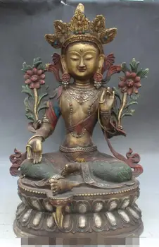 

S4762 20" Tibet Buddhism Bronze Silver Gilt Painting Green Tara Goddess Buddha Statue