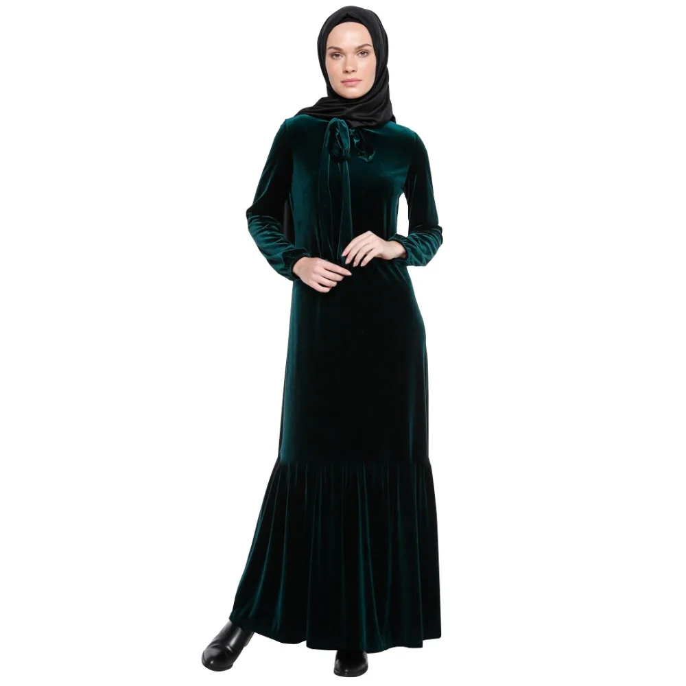 Islamic Clothing Gold Velvet Ribbons Lace Up Muslim Women Mermaid Dress Turkish Robe Abaya Maxi Vestidos With Pocket Arab Caftan |