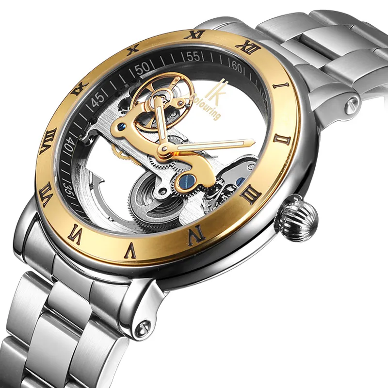 IK التلقائي ساعات آلية الرجال أعلى العلامة التجارية الفاخرة الذهب لهجة الفولاذ المقاوم للصدأ الهيكل العظمي شفافة الذكور ساعة Relogio Masculino