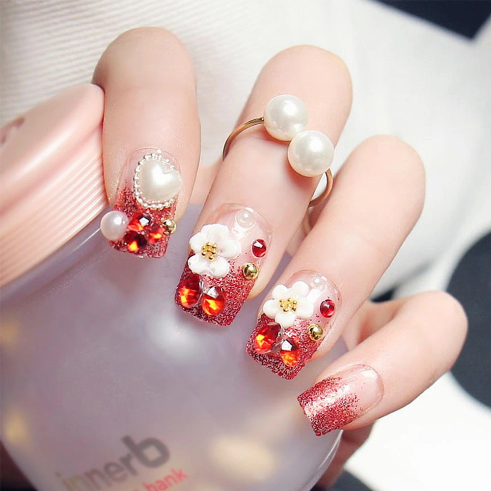 24 Pcs Ensemble Rouge Glitter Faux Ongles 3d Strass Flore De Mariage Mariee Nail Art Conception Ongle Ongles Avec De La Colle Aliexpress