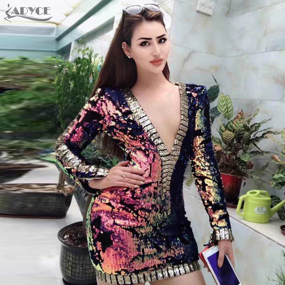 

Adyce 2019 New Autumn Long Sleeve Sequined Celebrity Evening Party Dress Sexy V Neck Night Out Mini Bodycon Club Dress Vestidos