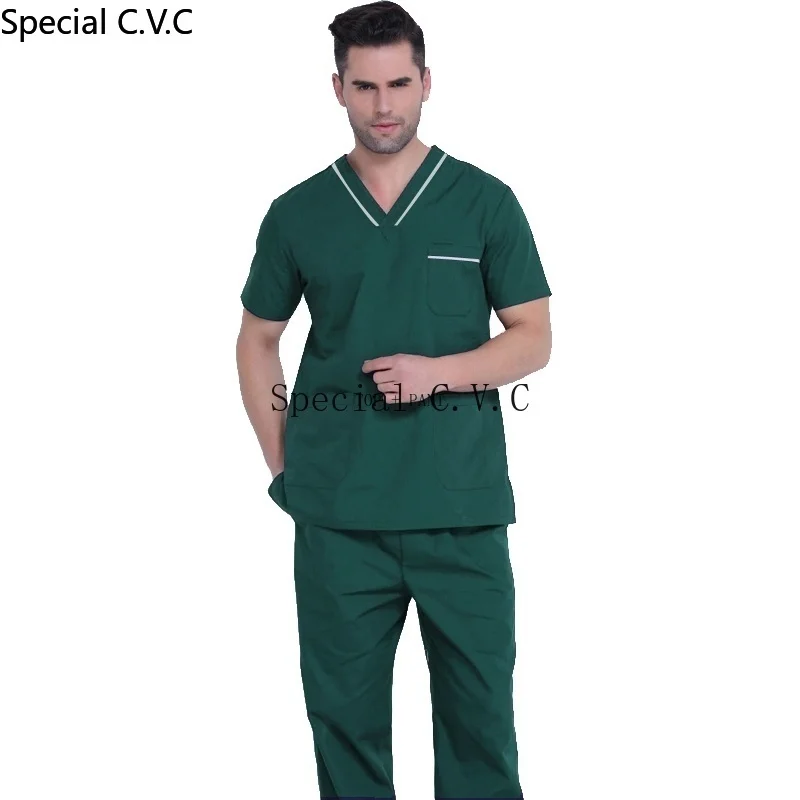 Tanie Męskie peelingi zestaw czystej bawełny klasyczny dekolt w serek z boczny wylot nawiewu + spodnie pielęgniarstwo jednolite fartuch lekarza chirurgia odzież robocza
