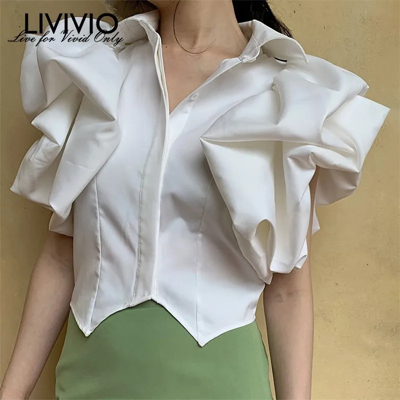 

[LIVIVIO] Summer White Blouse For Women Lapel Collar Short Sleeve Ruffles Irregular Hem Shirt Tops Female Fashion 2019