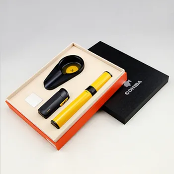 

Business Gifts Black Metal Cigar Ashtray Stainless Steel Cigar Lighter Yellow Cigar Tube W/ Original Box
