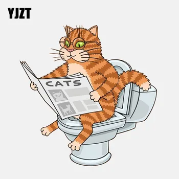 

YJZT 14.2CM*14.6CM Cat On The Toilet Wearing Glasses Reading A Newspaper PVC Car Sticker 11-01043