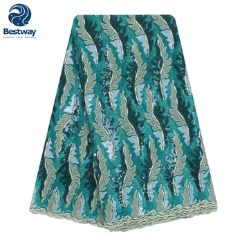 

Bestway Organza French Fabric Sequins Fabric High Quality African Light Net Lace Fabric For Fashion Dress In Blue Lace For Women
