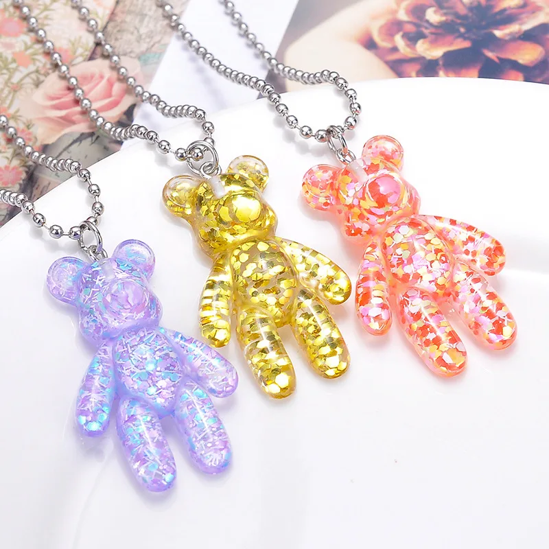 20PCS Cute Girls Cartoon Bling Bear Pendant Necklace For Women Beads Chain On The Neck Female Jewelry Wedding Party Gift
