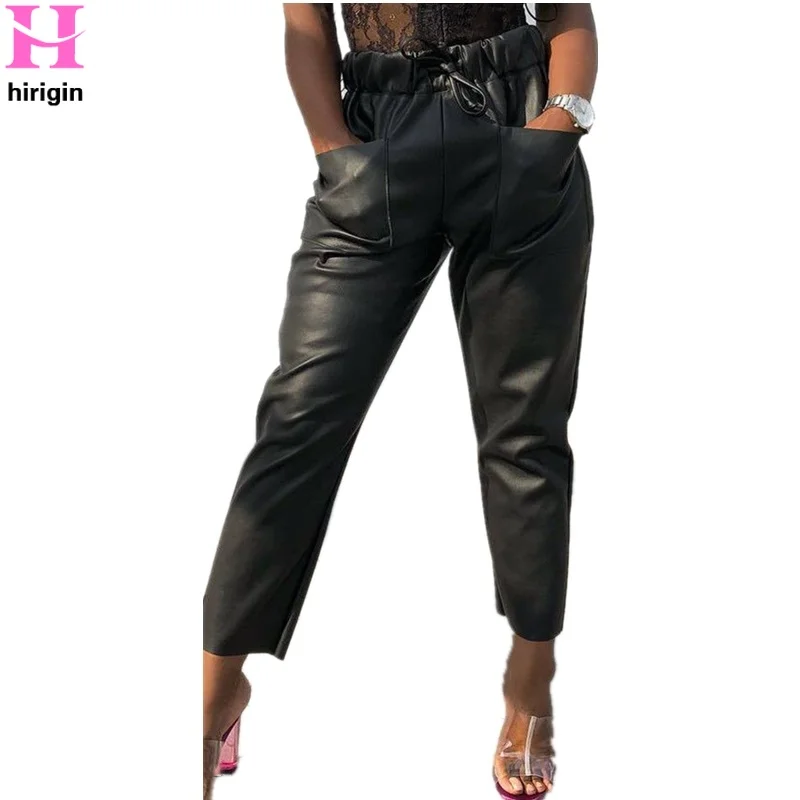 Leather Pants Women Black PU Faux Leather Harem Pants Female Shiny Elastic Waist Trousers Pants Pockets High Street PU Pants
