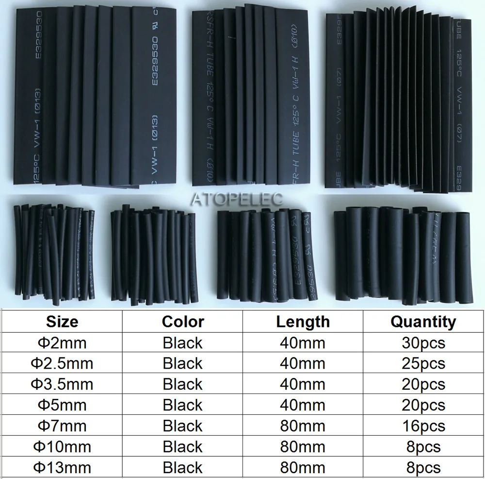 625Pcs 2:1 Negro con aislamiento de Calor Shrink Tubo de poliolefina electrónico kit para armar uno mismo 