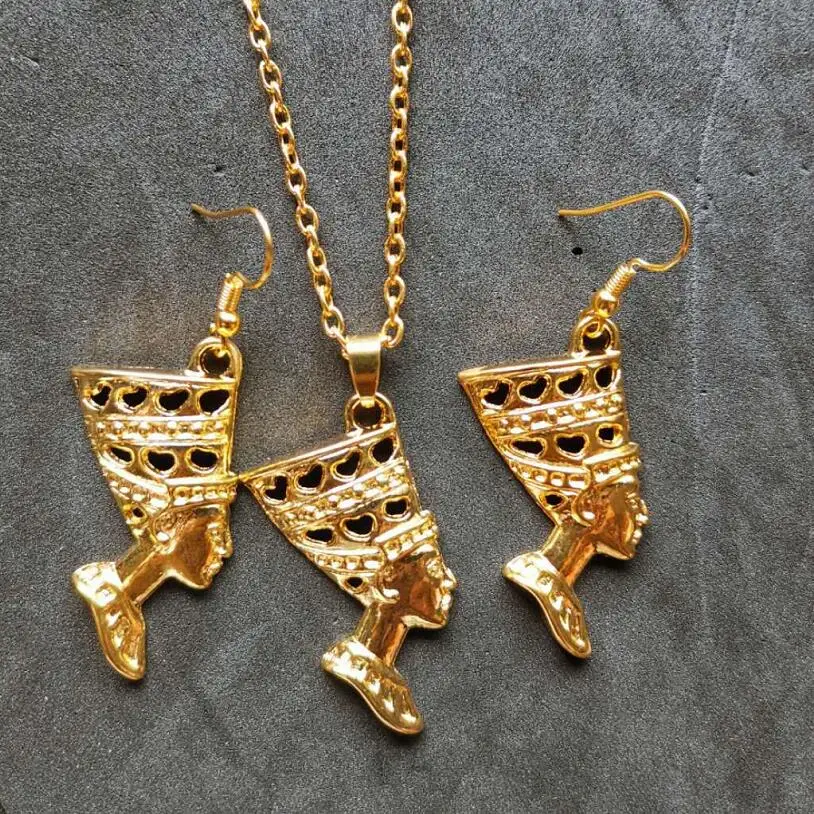 

Women Jewelry Set Gold Egyptian Egypt Queen Nefertiti Charms Dangle Earrings & Pendant Necklace Sets ~ Christmas Gift