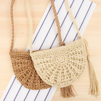 

2020 Summer Women Tassels Semicircle Crossbody Shoulder Bag Beach Circular Rattan Wicker Straw Woven Basket Tote bag Straw Bags