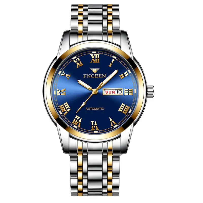 steel gold blue Мужские часы, мужские Модные Спортивные Роскошные Кварцевые часы со стальным ремешком, деловые наручные часы с датой и неделей, Reloj Hombre - Цвет: steel gold blue