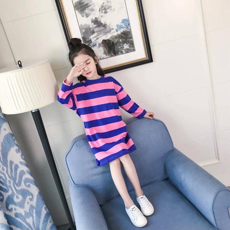 

2018 Autumn and Spring Kid's Fashion Normic Stripe Skirt Girls Dress Child Shirt 100% cotton Dress 4 6 8 10 12 14 16Year