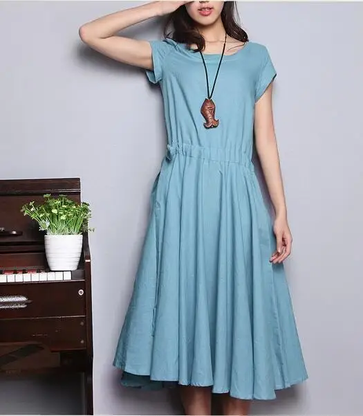2017 Summer Cotton And Linen Women Dress Short Sleeves O neck Knee