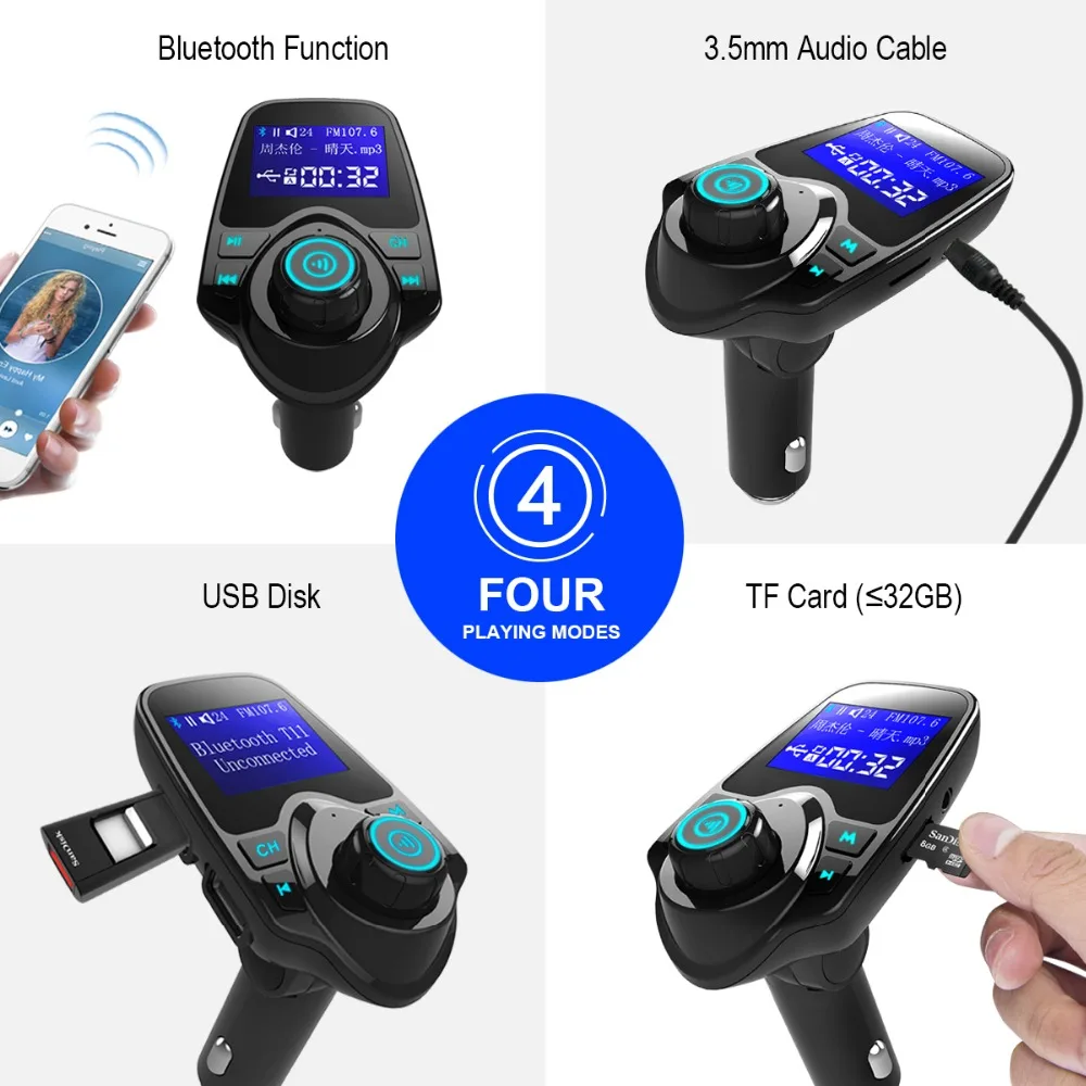 Siparnuo Car FM Transmitter Bluetooth Wireless Car Mp3 Player Handsfree Car Kit FM Transmitter A2DP 5V 2.1A