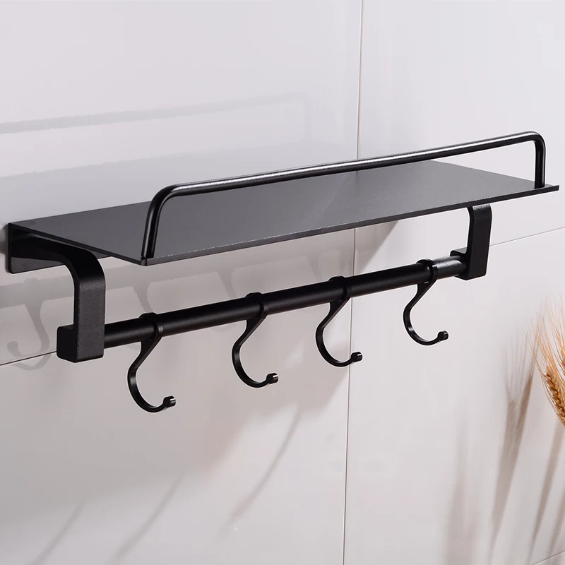 Bathroom Shelves Shower Storage Rack Aluminum Black Bathroom Shampoo Shelf Organizer with 4 Hooks Wall Mounted Toilet Racks