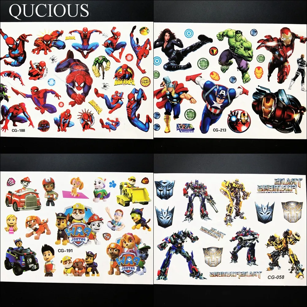 

Cool Anime Movie Temporary Tattoo For Boys Flash Spiderman Tatoo Paper Cartoon Dog Police Team Avengers Hero Kids Tattoo Sticker