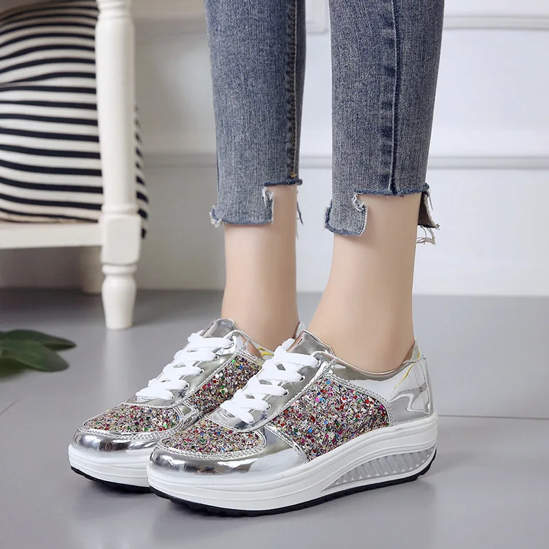 

HEE GRAND Woman Lace-Up Casual Loafers Platform Creepers Bling Glitter Shoes Fashion Women Flats Shoes Size 35-41 XWC1429