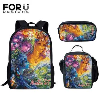 

FORUDESIGNS 16 inch Kindergarten School Bags For Girls African Oil Painting Girl Print Women School Book Kids Bags Set Satchel