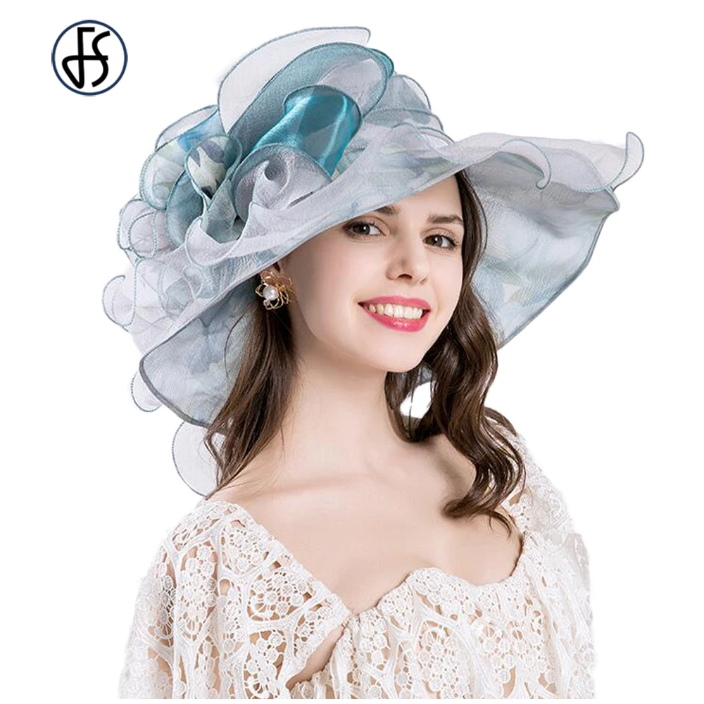 

Women Foldable Organza Church Derby Hat Ruffles Wide Brim Sun Hats Big Flower Wide Brim Pink Chapeu Feminino