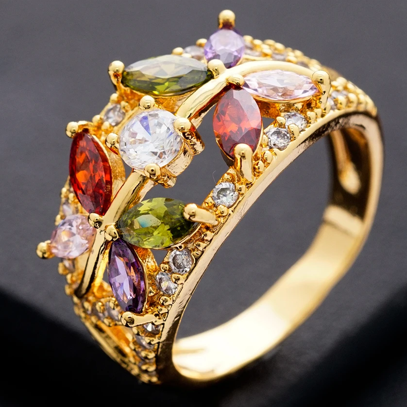 

Yunkingdom Trendy Party Jewelry Multi-Color AAA Cubic Zirconia Crystal Gold Rings for Women Girls anillos