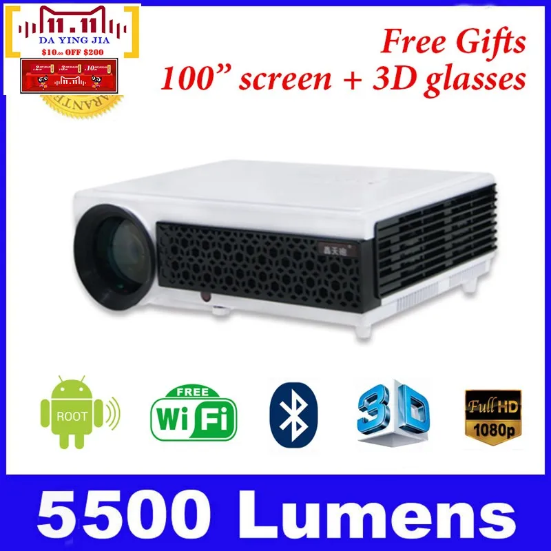 Top Quality 5500Lumens Home Theater Projector Android 4.4 3D LED RJ45